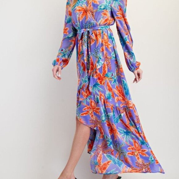 Easel Lilac Tropical Print “Mirabelle” Satin Tie-Waisted Maxi Dress | NWT | M - Picture 2 of 5